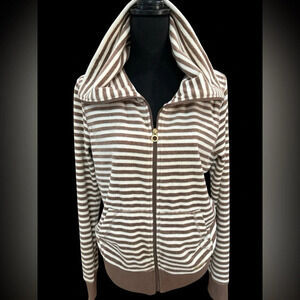 CALVIN KLEIN PERFORMANCE VELOUR ZIP UP BROWN & WHITE STRIPED CASUAL JACKET SZ M